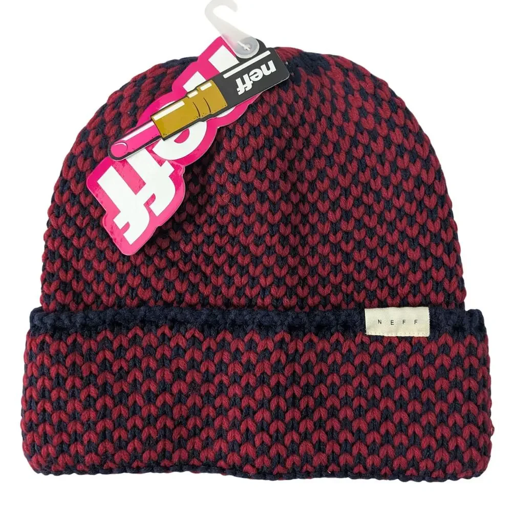 NWT NEFF Women's Carrie Textured Diamond Knit Beanie Hat, Red/Navy Skater Winter